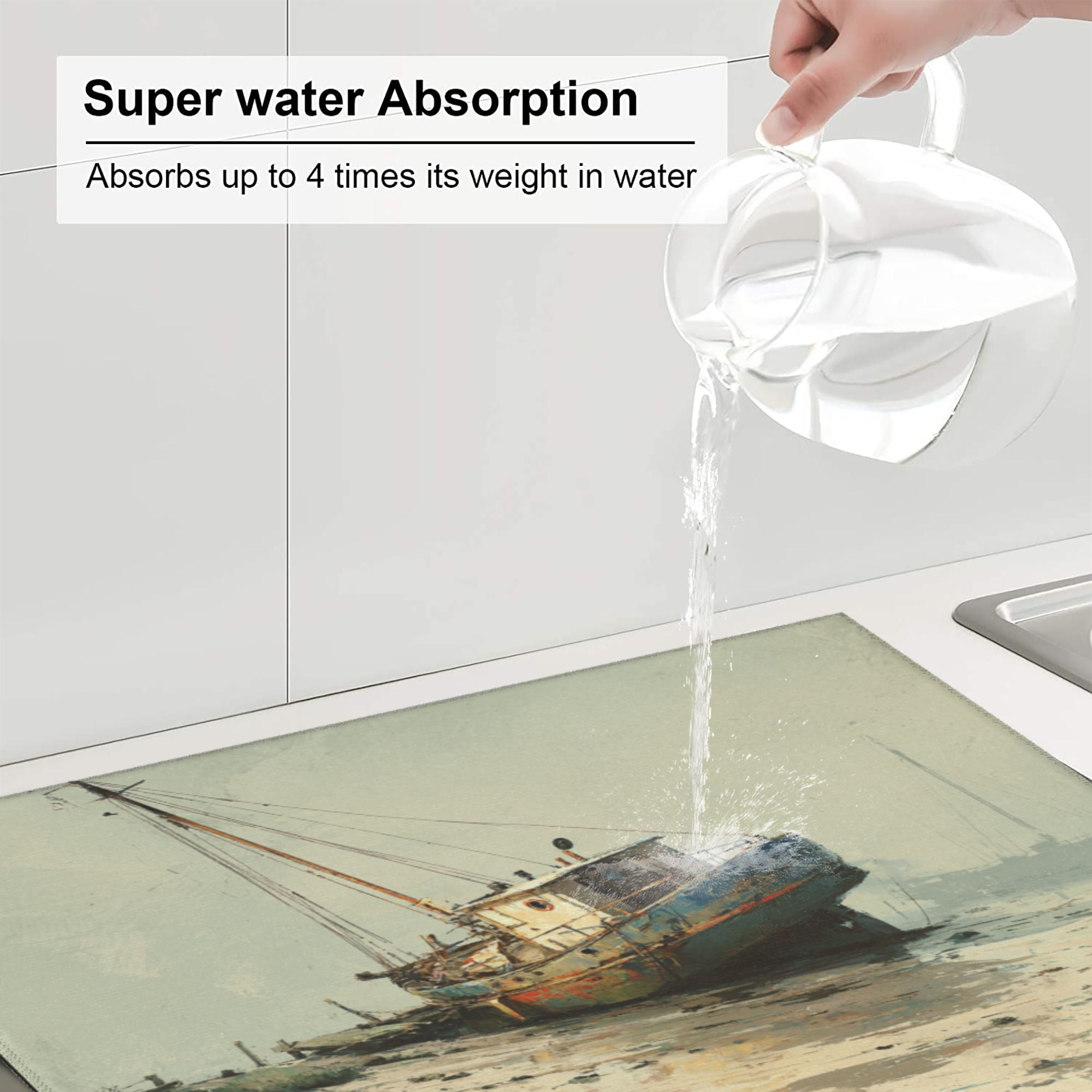 Kitchen Countertop Absorbent Pads with Vintage Fishing Boat Art (2 - Pack) - Super Absorbent, Quick - Drying and Easy to Store