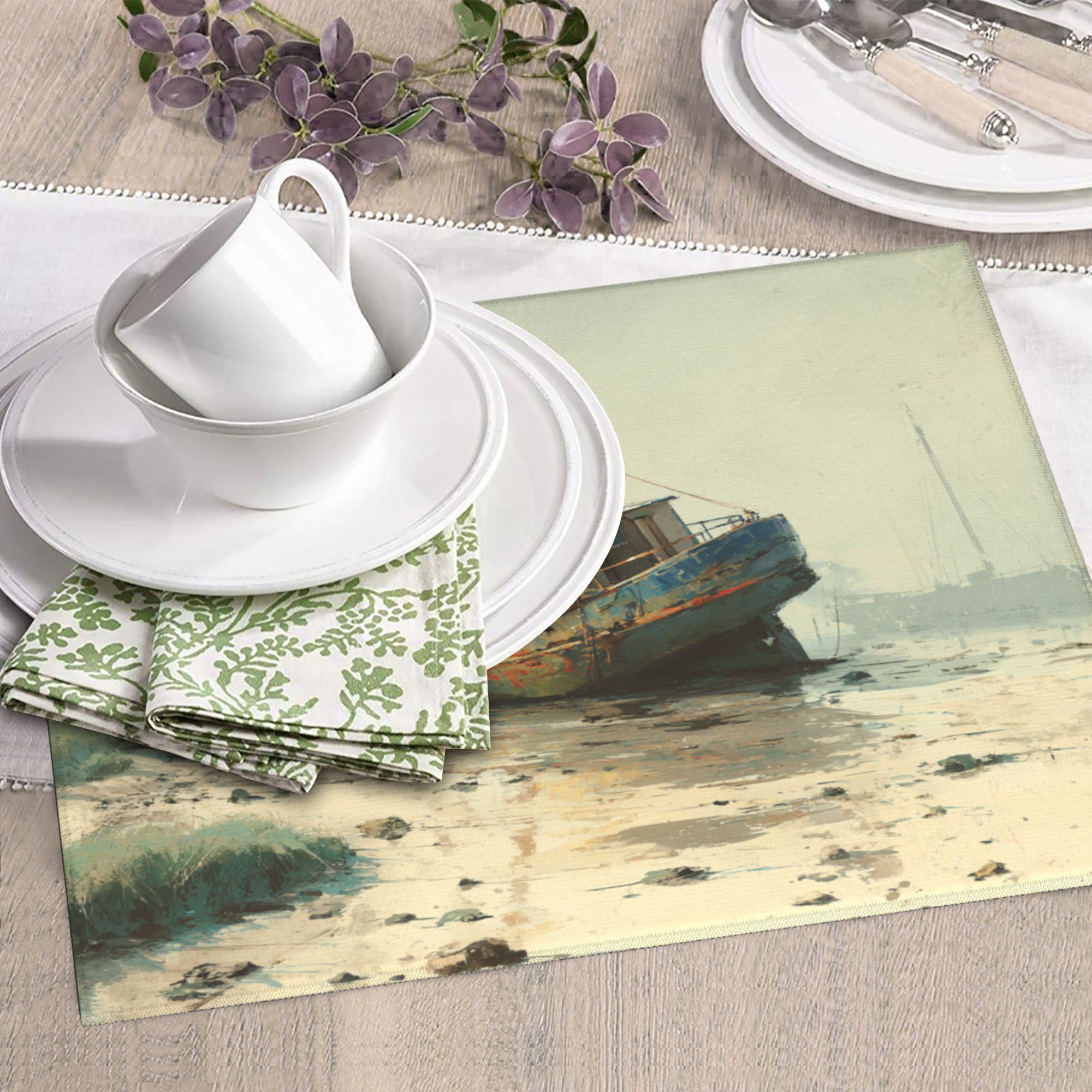Kitchen Countertop Absorbent Pads with Vintage Fishing Boat Art (2 - Pack) - Super Absorbent, Quick - Drying and Easy to Store