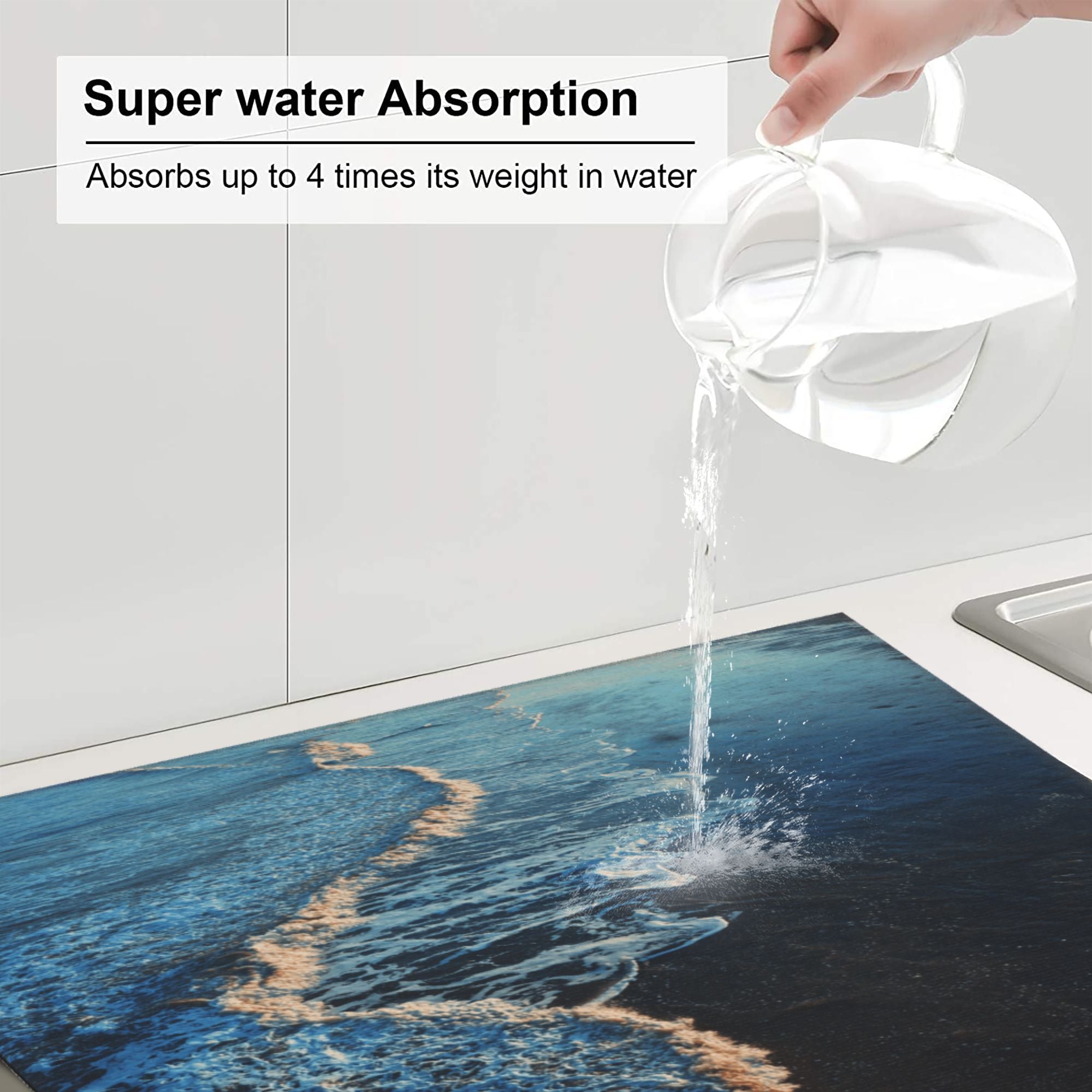 Kitchen Countertop Absorbent Pads with Ocean Waves Pattern (2 - Pack) - Super Absorbent, Quick - Drying and Easy to Store