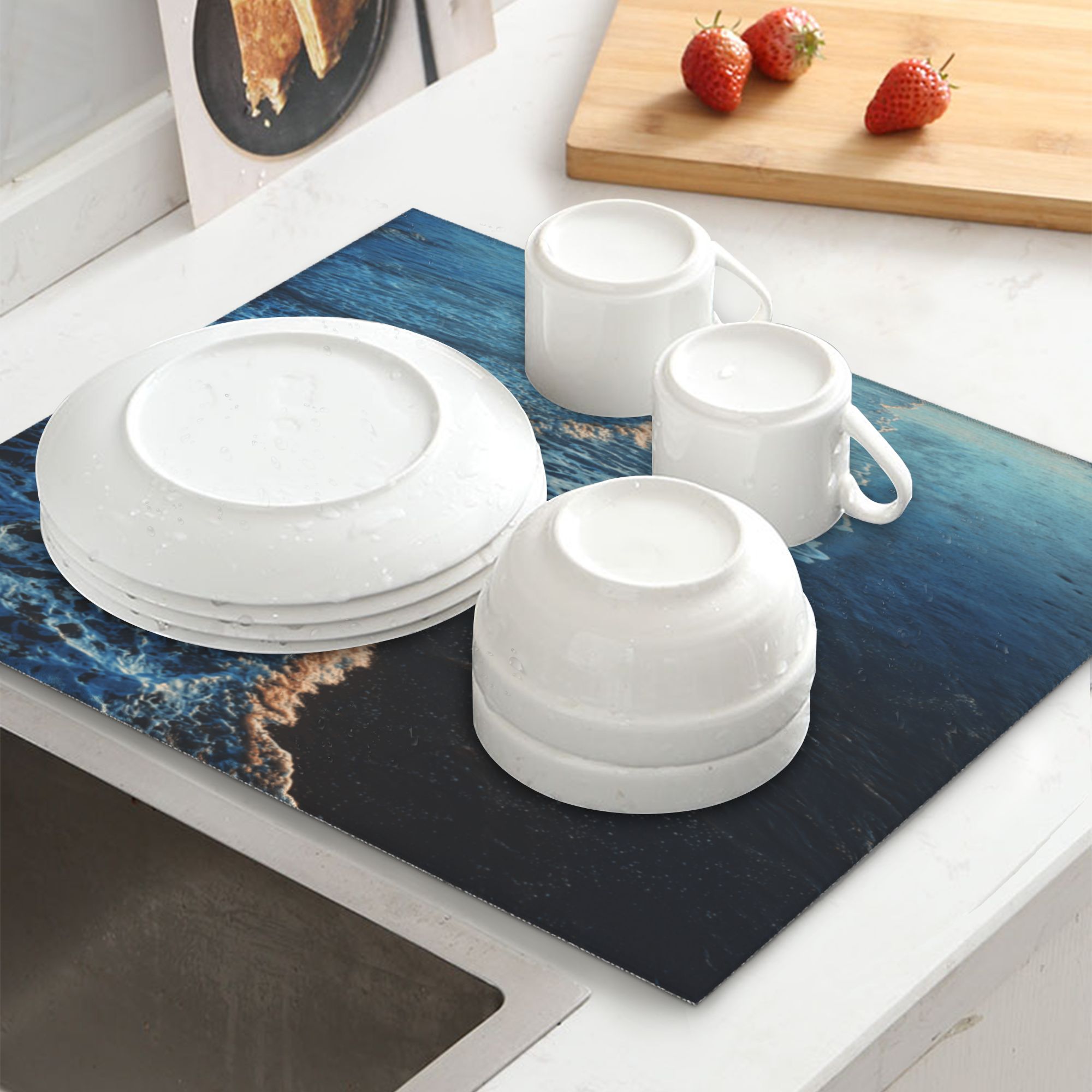 Kitchen Countertop Absorbent Pads with Ocean Waves Pattern (2 - Pack) - Super Absorbent, Quick - Drying and Easy to Store