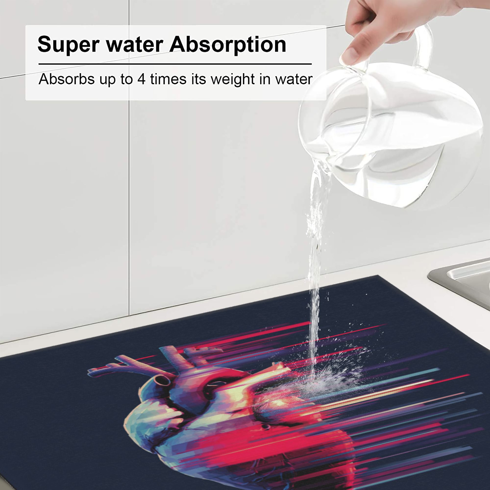 2 - Pack Kitchen Countertop Absorbent Pads with Cyber Heart Pattern - Super Absorbent, Quick - Drying, Foldable for Easy Storage